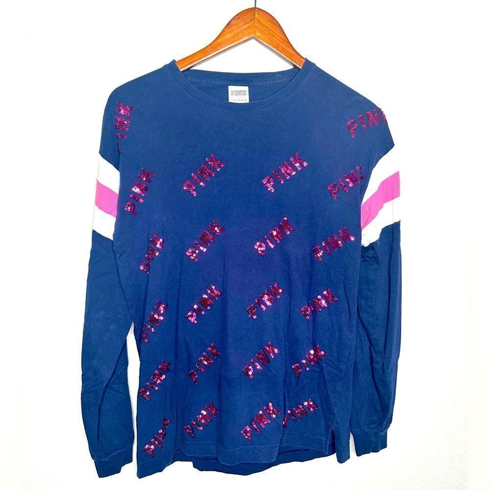 VS Pink Womens Sequin Bling Logo Long Sleeve Shirt Blue Pink X-Small